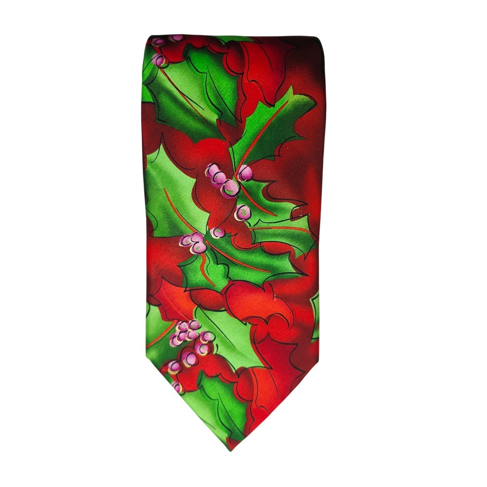 J. Garcia Necktie Mens OS Red Green Holly Silk Collection Fifty-Four Green Tree